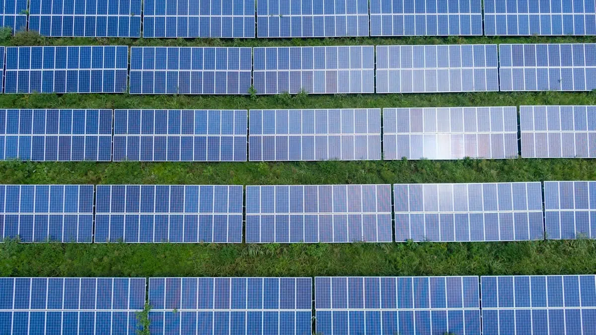 rows of solar panels in a green field