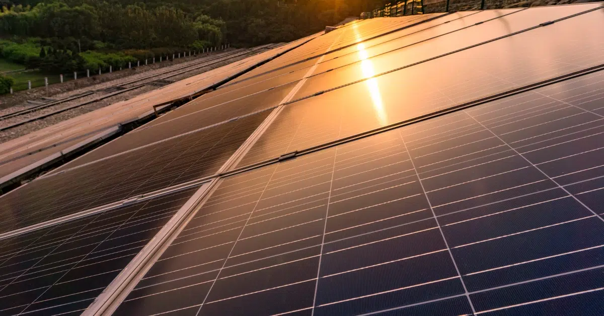 a solar panel with golden hour light reflecting off - check out upgrades from solar services